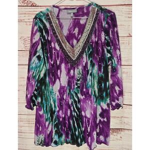 Essentials Womens 1X Purple Green Abstract Plisse Sequin V-Neck Tunic Top Boho